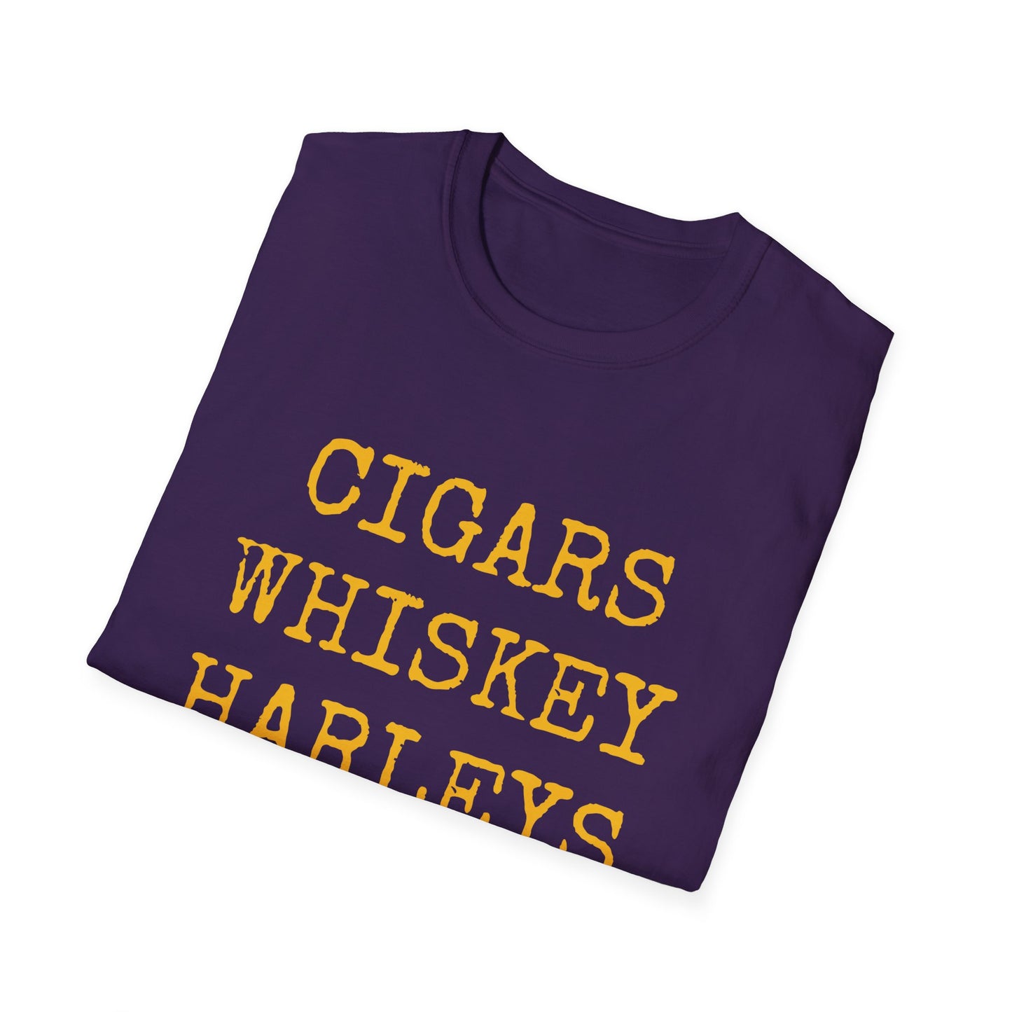 Cigars, Whiskey, Harleys Unisex T-Shirt (Purple/Yellow)