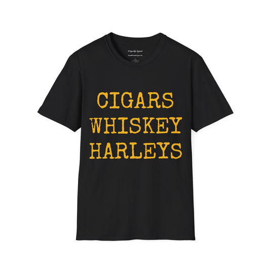 Cigars, Whiskey, Harleys Unisex T-Shirt (Black/Yellow)