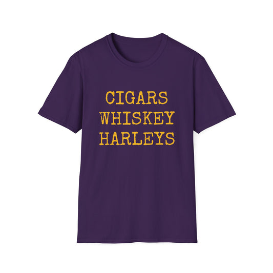 Cigars, Whiskey, Harleys Unisex T-Shirt (Purple/Yellow)