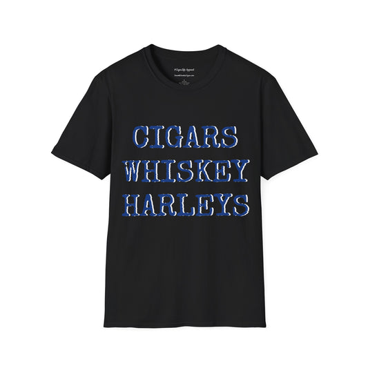 Cigars, Whiskey, Harleys Unisex T-Shirt (Black/Blue)