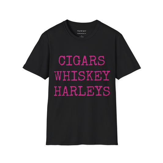 Cigars, Whiskey, Harleys Unisex T-Shirt (Black/Pink)