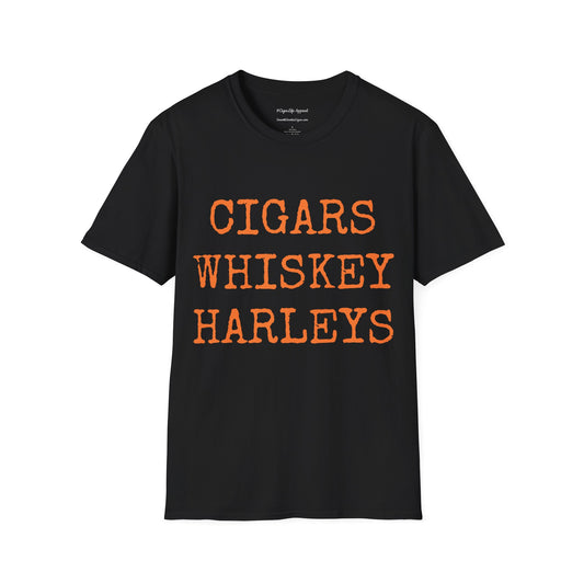 Cigars, Whiskey, Harleys Unisex T-Shirt (Black/Orange)