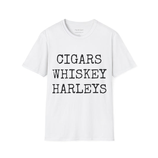 Cigars, Whiskey, Harleys Unisex T-Shirt (White/Black)