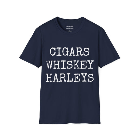 Cigars, Whiskey, Harleys Unisex T-Shirt (Navy Blue/White)