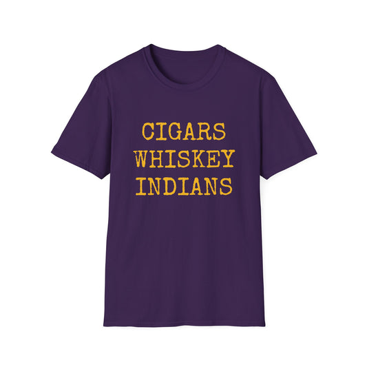 Cigars, Whiskey, Indians Unisex T-Shirt (Purple/Yellow)