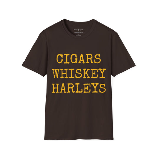 Cigars, Whiskey, Harleys Unisex T-Shirt (Chocolate Brown/Yellow)