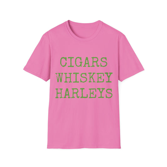 Cigars, Whiskey, Harleys Unisex T-Shirt (Pink/Green)