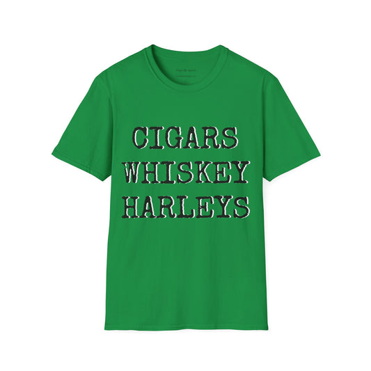 Cigars, Whiskey, Harleys Unisex T-Shirt (Green/Black/White)